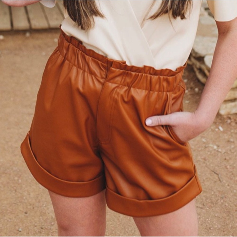 Vegan Leather Paperbag Shorts - Mocha/Cognac Brown